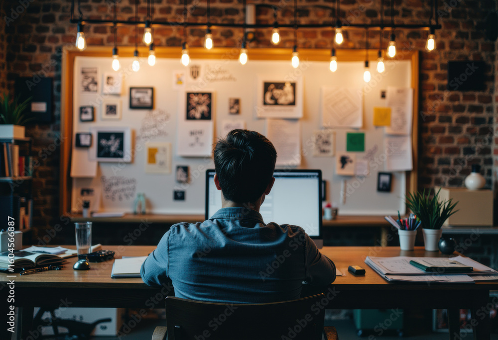 Poster creative workspace with a person working on a computer in a cozy environment