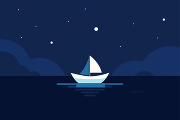 Fototapeta premium sailing into night tiny boat silhouette on ocean