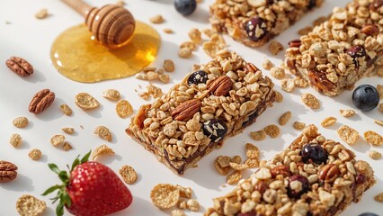 Fototapeta premium Protein Bars Made from Fruit, Nuts, Honey, and Cornflakes Cereal