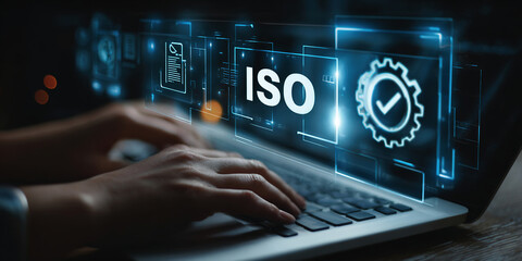 ISO standards quality control, Certification and standardization process, iso certified business, conformity to international standards and quality assurance concept. Person touching certificate icon