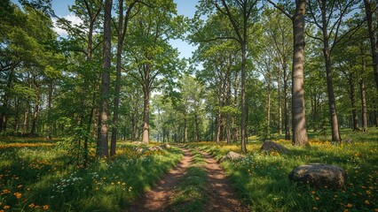 Obraz premium Sun-drenched forest path in the heart of summer