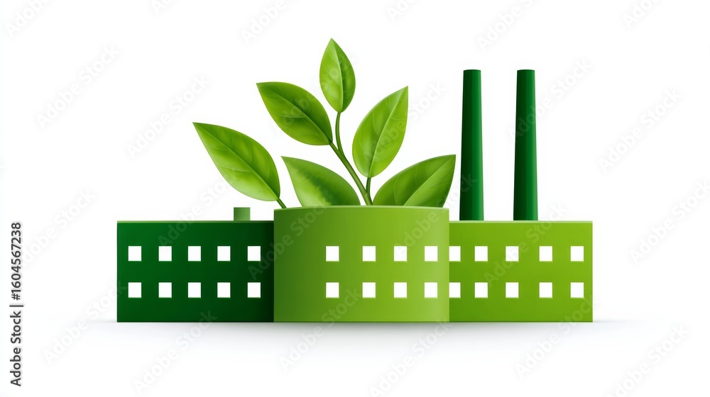 Poster green building with a tree growing out of it. the building is surrounded by a white background