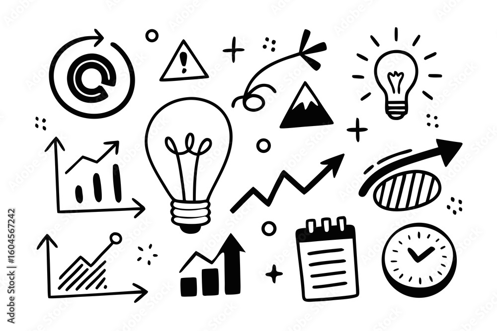 Poster hand drawn business and creative doodle elements with lightbulb charts clock arrow and notepad for b