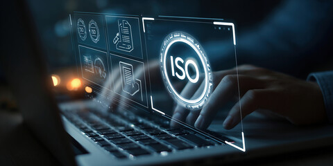 ISO standards quality control, Certification and standardization process, iso certified business, conformity to international standards and quality assurance concept. Person touching certificate icon