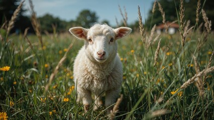 Obraz premium Young sheep wandering the garden area