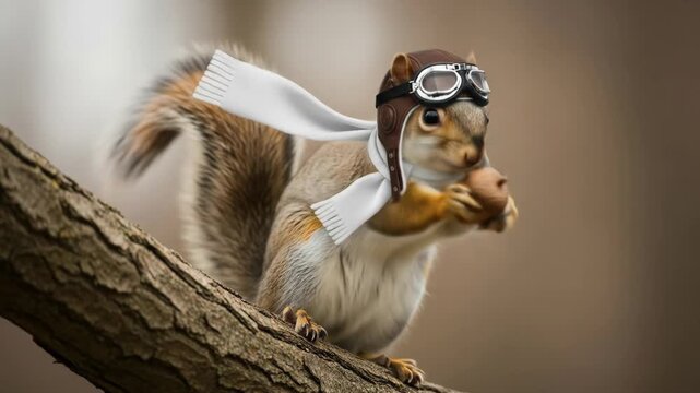 Adventurous Squirrel Pilot with Nut - A playful video of a squirrel wearing a miniature aviator helmet and goggles, holding a nut, and perched on a tree branch with a scarf flowing behind.