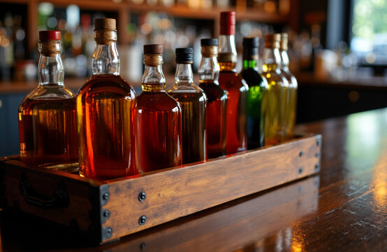 Assorted bottles of whiskey and liquor arranged in a wooden tray on a bar counter - Powered by Adobe
