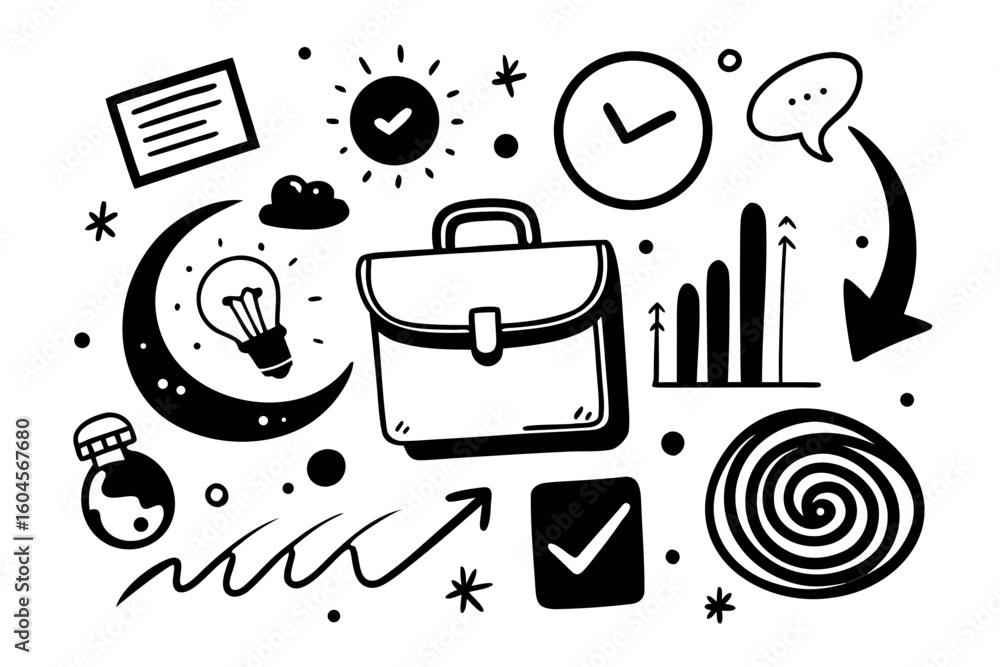 Poster business doodle vector illustration with briefcase graph lightbulb and checkmarks for presentation i