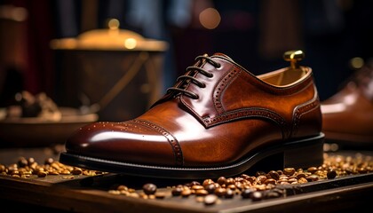 Polished brown leather shoe on display