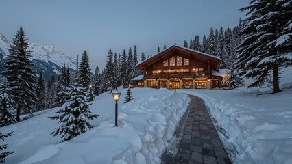 Fototapeta premium Stunning high-end cabin during the snowy season