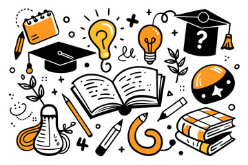 Hand Drawn Education and Learning Doodle Illustration with Books Pencils Light Bulbs Graduation Cap and Other School Related Elements in Black and Orange Colors