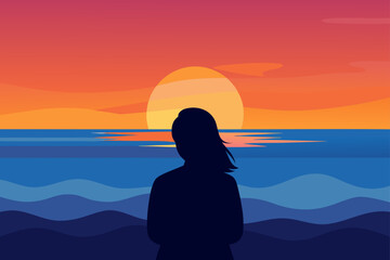Fototapeta premium woman by ocean sunset silhouetted figure at shore