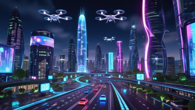 A futuristic cityscape with flying drones and neon lit skyscrapers