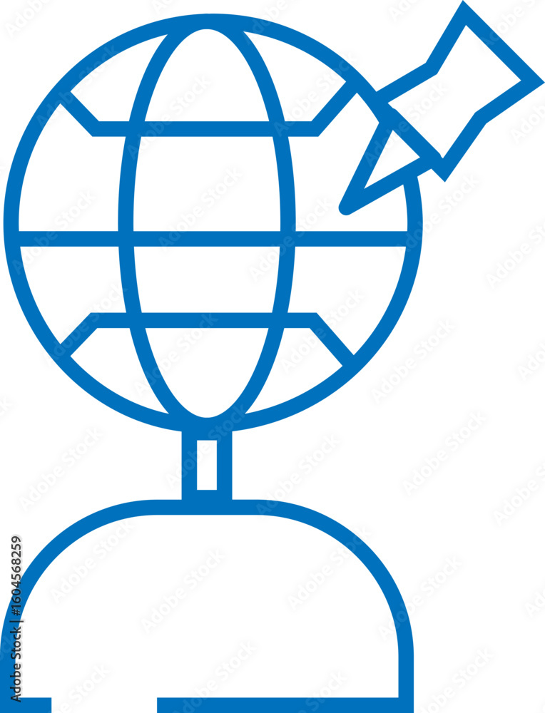 Poster globe location pointer icon in blue line art.