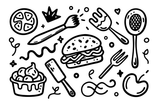 Hand drawn food and kitchen utensils doodle set in vector format perfect for menus recipe books or culinary themed designs black and white illustration