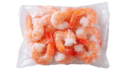Top view of Plastic bag of frozen shrimp isolated on white background