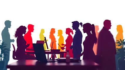 Business people in colorful silhouettes gathered in a modern office interacting near desks and plants during a workday