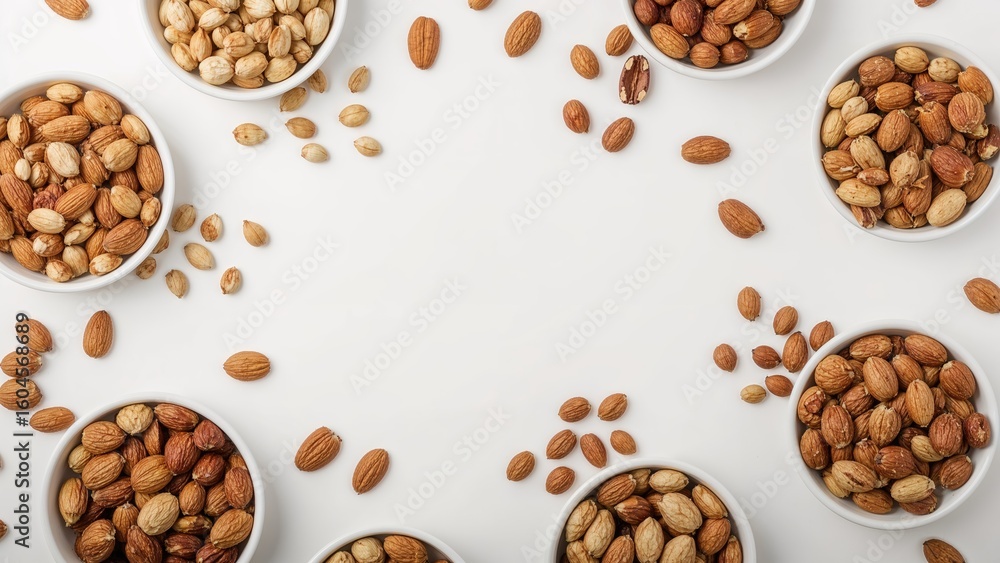 Aufkleber selection of nuts presented in bowls seen from above on white background with space for text. nutrit