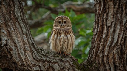 Tawny owl sitting quietly on the trunk of a rustic tree