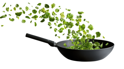 Fresh herbs being tossed in a frying pan, dynamic motion, on a white isolated background.