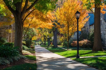 Fototapeta premium Sunlit Autumn Alley at Penn State Campus