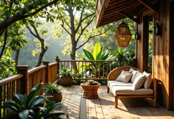 Fototapeta premium Cozy outdoor patio with wooden furniture and lush greenery in a peaceful garden setting