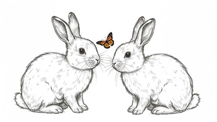 Obraz premium Two lovable tiny rabbits with a butterfly perched on their heads, illustrated in a whimsical sketch on a bright white backdrop. Electronic vector artwork.