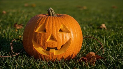 Obraz premium A Halloween pumpkin featuring a joyful carved expression.