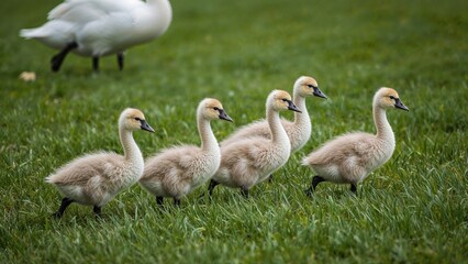 Obraz premium A cluster of cygnets moving through the meadow