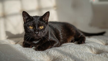 Fototapeta premium A dark cat with glowing yellow eyes rests on a sofa.