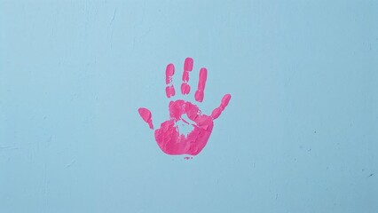 A young kid's hand dipped in pink paint creating a print on a blue background.