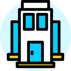Flat style building icon in blue, yellow and white color.