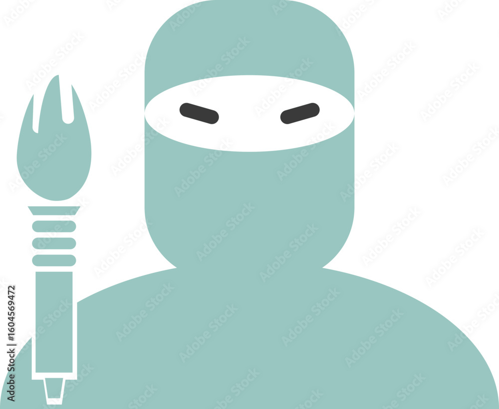 Poster flat style ninja with flame torch icon in teal color.