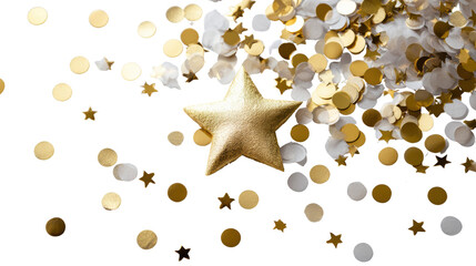 Golden star decoration with confetti on a black background, ideal for festive celebrations and events.