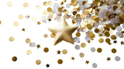 Golden star decoration with confetti on a black background, ideal for festive celebrations and events.