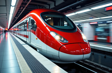 High-speed red and white train arriving at modern underground station