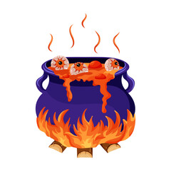 Witches cauldron with boiling potion, lick and eyeballs on fire. Vector illustration.