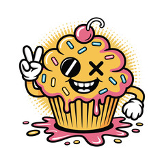 Colorful cupcake character with frosting, smile, and peace sign hand. Vector illustration design