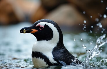 Naklejka premium A penguin swimming in water with splashes and rocks in the background