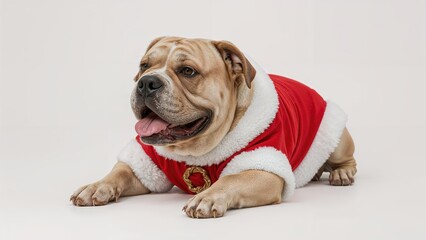 Fototapeta premium Bulky dog in a festive Santa costume gazes to the side, panting and reclining on a clean white surface.