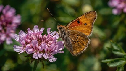 Obraz premium A Small Tortoiseshell butterfly (Aglais urticae) gathering nectar from Geranium sanguineum blooms during late spring.