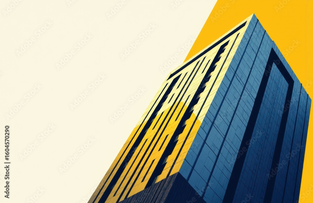 Poster modern skyscraper reaching towards the sky with a yellow background creating a striking visual impre