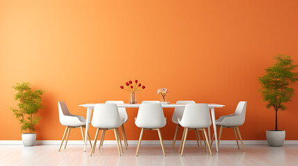 Obraz premium Modern Dining Room with White Chairs and Bold Orange Wall