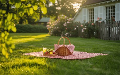 Enjoying a delightful summer picnic in a beautiful sunlit garden during golden hour
