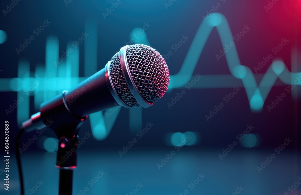 Poster microphone on stand with audio waveforms and digital sound analysis in background