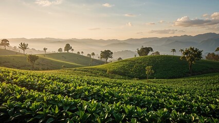 Morning panorama of lush tea gardens