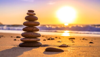 Balanced stones on beach at sunset
