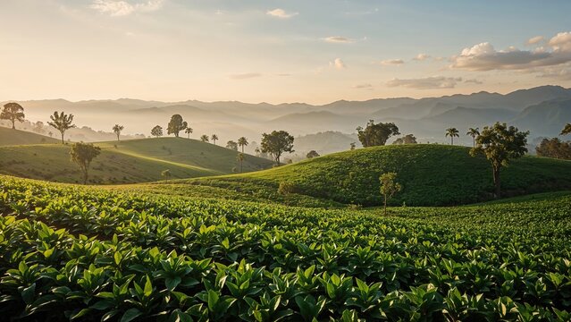 Morning panorama of lush tea gardens - Powered by Adobe