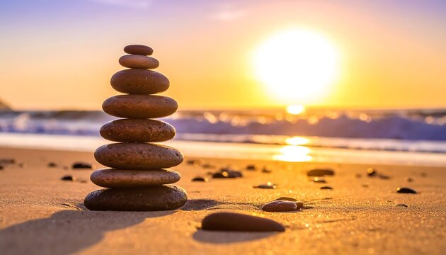 Balanced stones on beach at sunset
