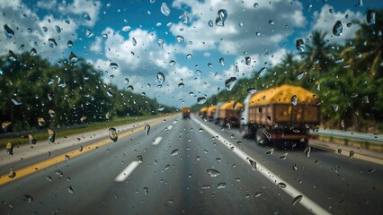 Fototapeta premium Focused capture of rain on a vehicle's windshield, featuring a soft backdrop of a busy highway and trucks transporting soybeans on a bright day.